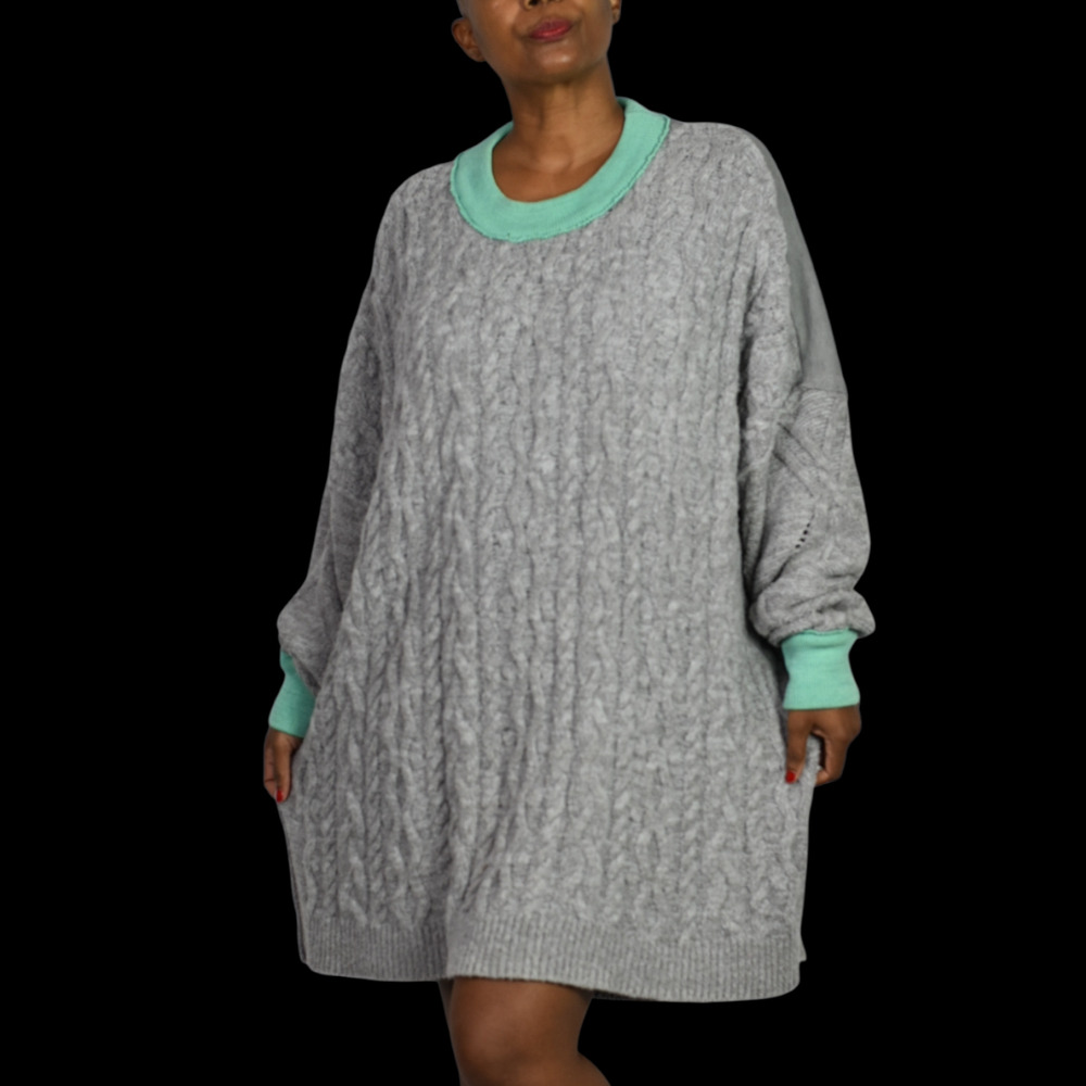 Free People Olympia Tunic Sweater Pullover Grey Mint Cable Knit Oversized Medium